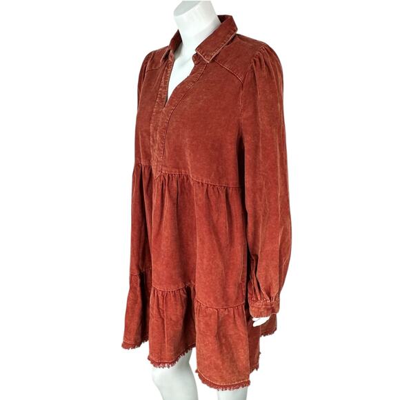 Umgee Babydoll Mini Dress Womens Size Large Corduroy Mineral Washed Pockets Rust - Picture 9 of 15